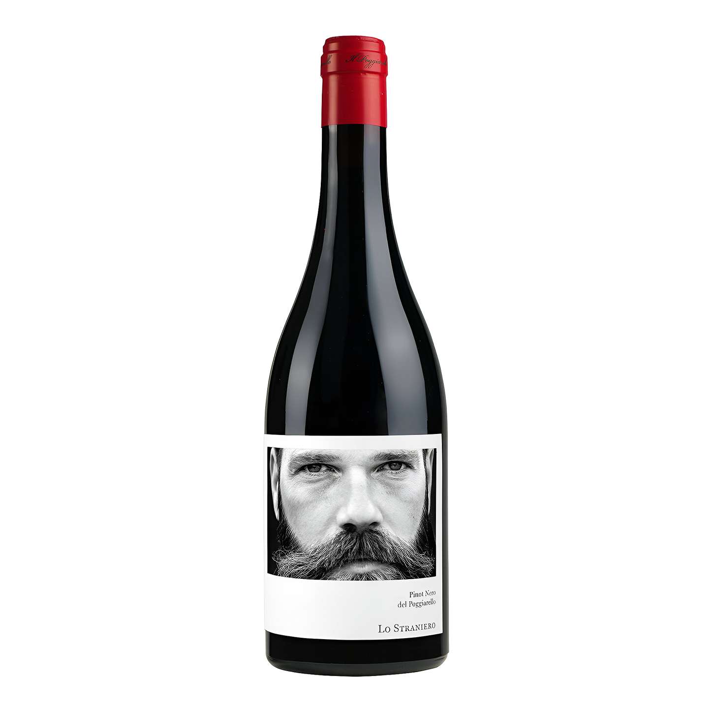 Lo Straniero Pinot Nero Emilia IGT flaske med rødvin og kunstnerisk hipster etiket