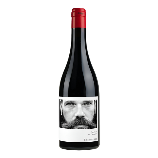 Lo Straniero Pinot Nero Emilia IGT flaske med rødvin og kunstnerisk hipster etiket