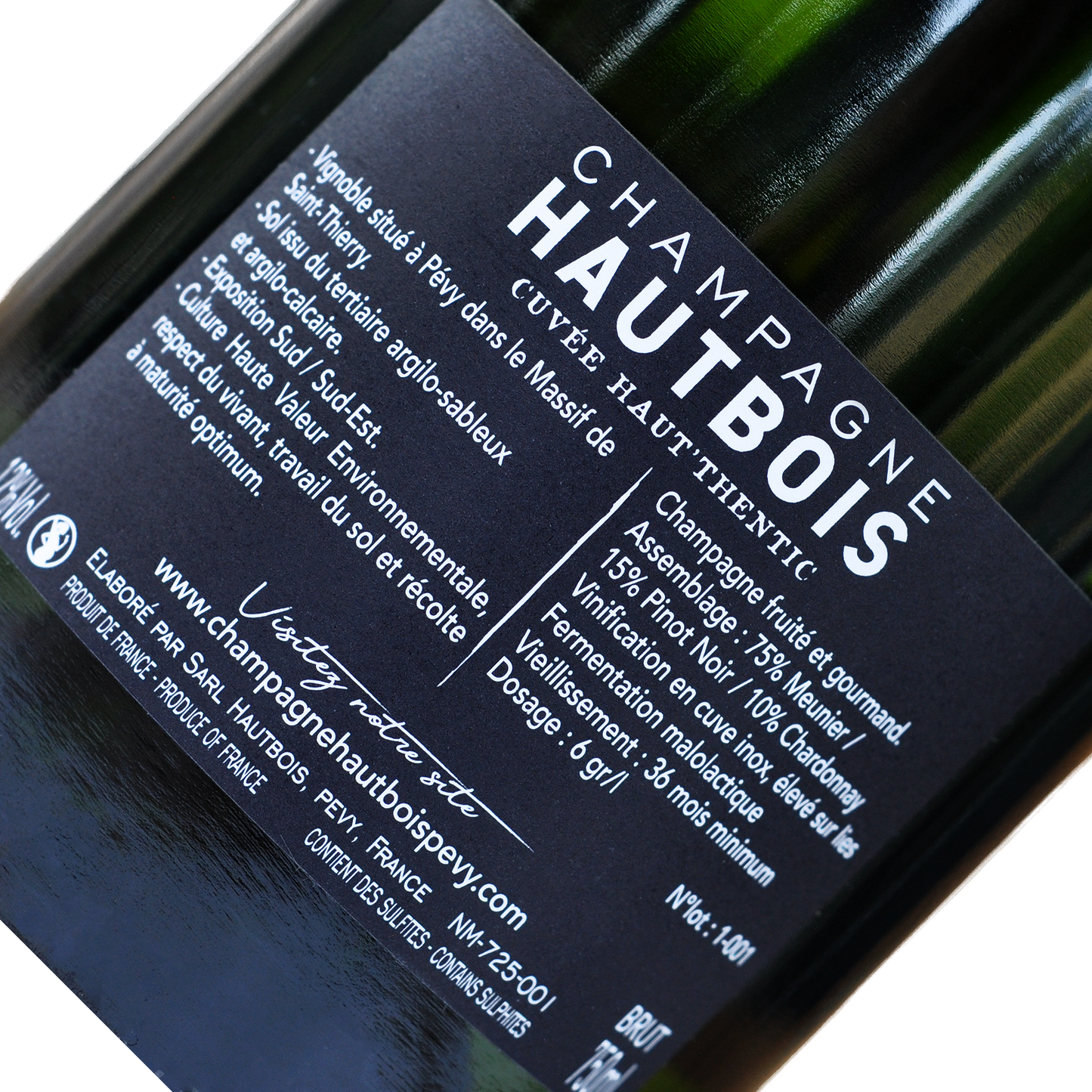 Champagne Hautbois Haut'thentic Brut flaske med mousserende vin og autentisk etiket - Bagside