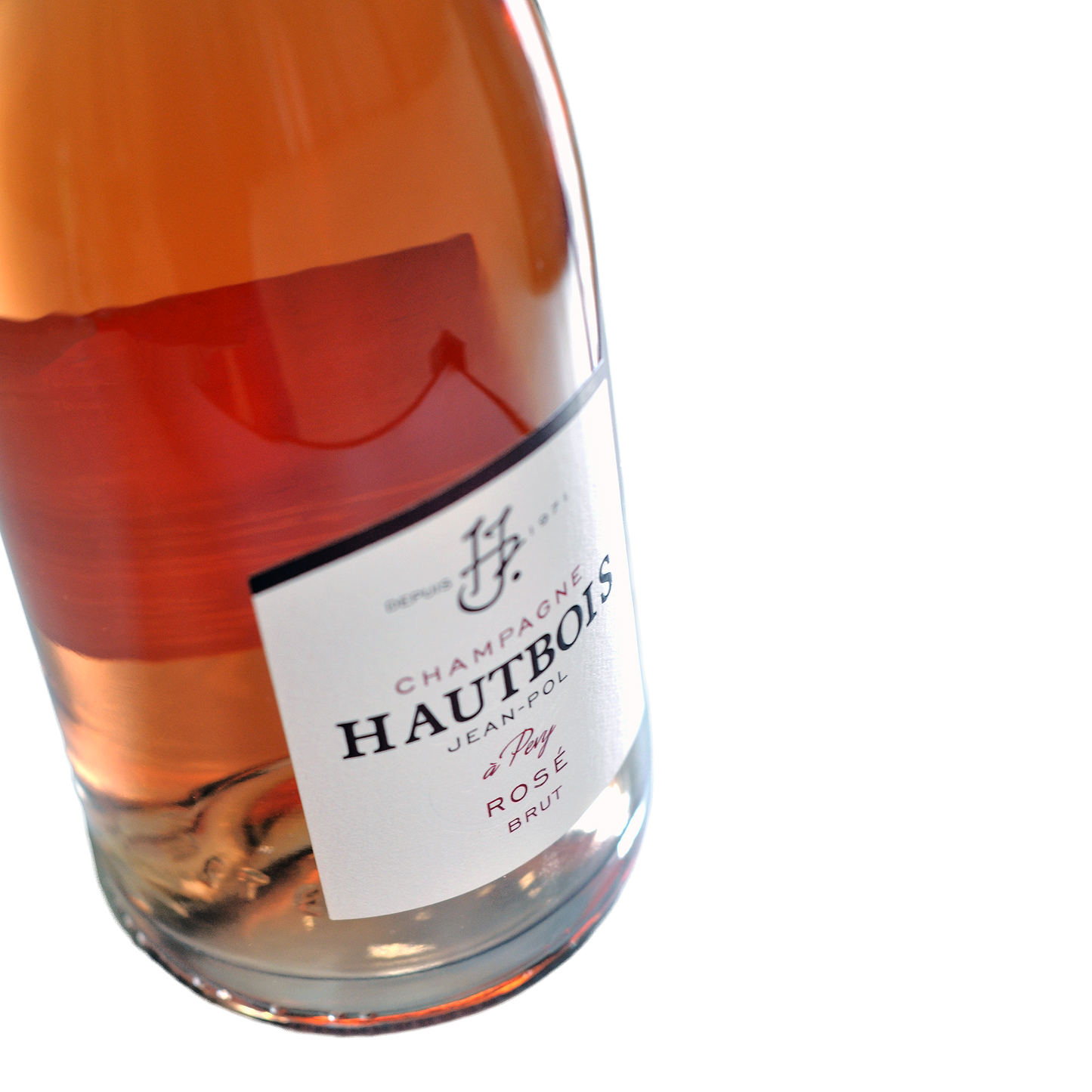 Nærbillede af Jean Pol Hautbois Rosé Brut champagne etikette med elegant design