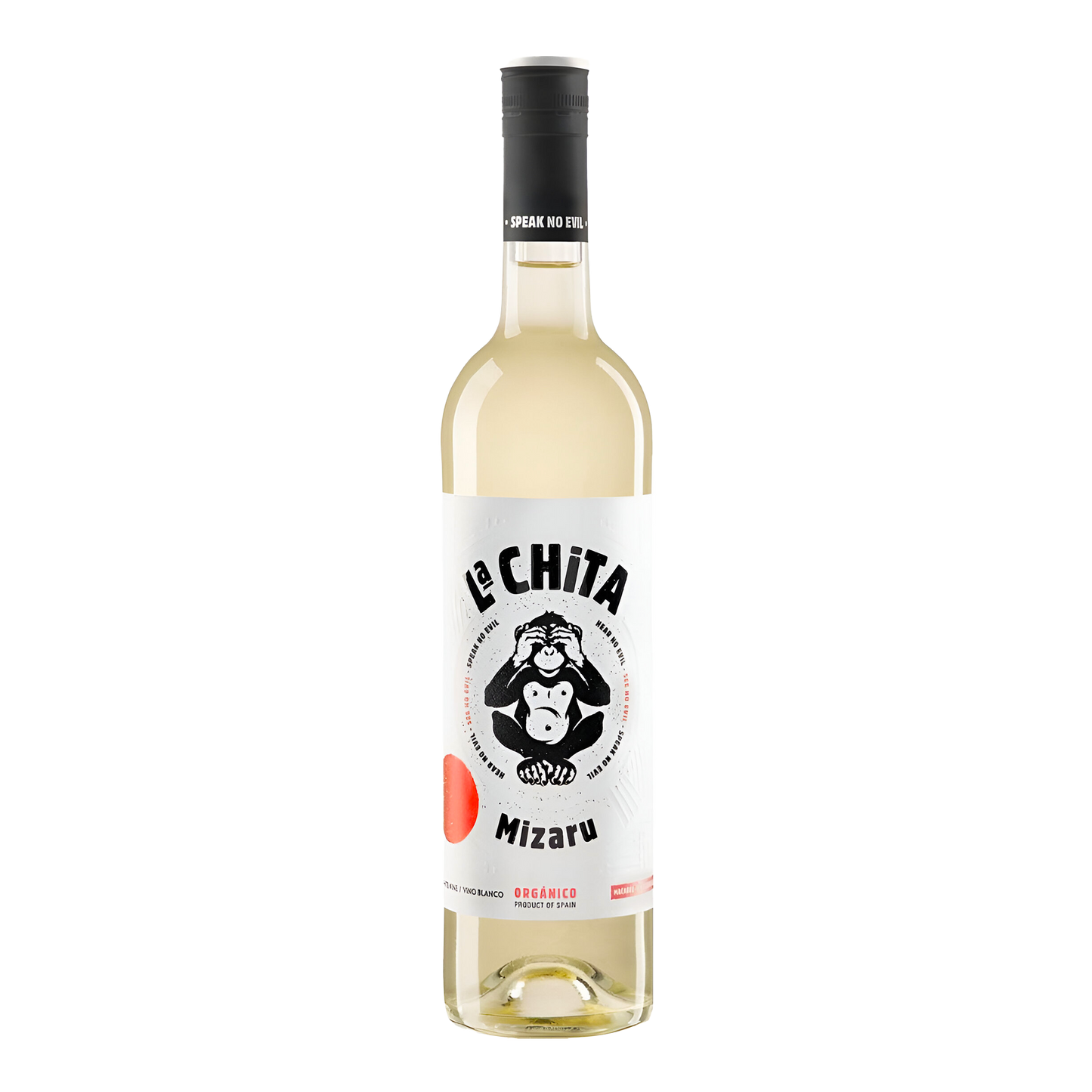 La Chita Blanco Mizaru flaske med hvidvin og etiket med en grafisk abe