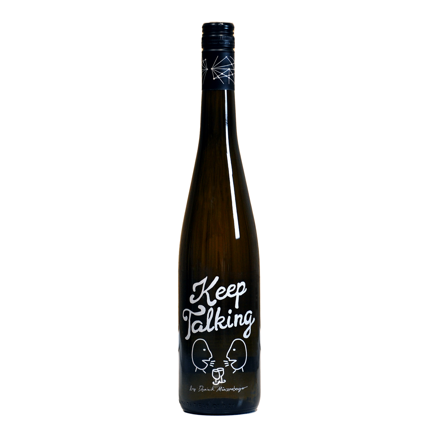 Keep Talking ufiltreret naturvin hvidvin etikette med tekst og grafisk design