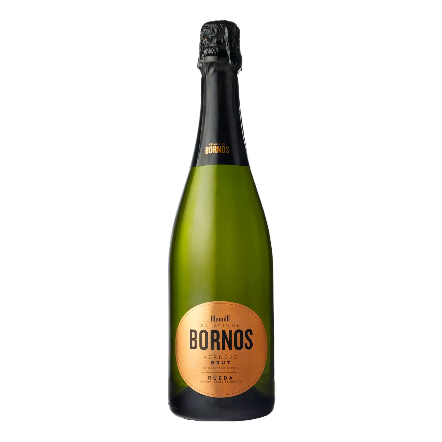 Palacio de Bornos Verdejo Brut flaske med mousserende hvidvin og elegant etiket i guld