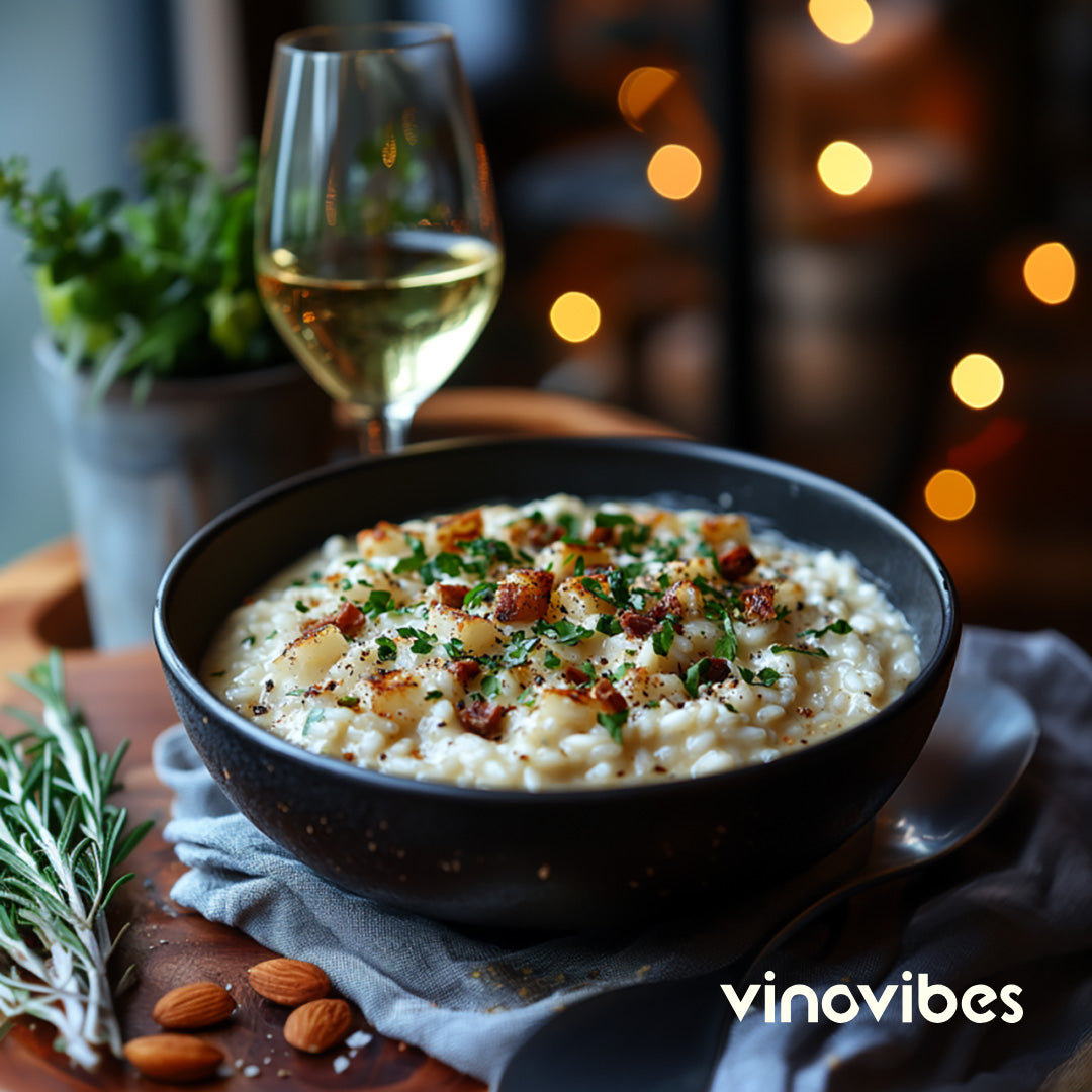 Château Schembs Fumé 2023 præsenteret med en cremet risotto, toppet med friske krydderurter, og et glas af den gyldne hvidvin. Perfekt opsætning til en elegant mad- og vinoplevelse.