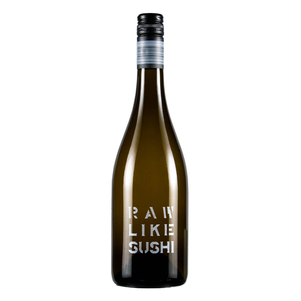 Raw Like Sushi Chardonnay hvidvin etikette med farverigt stenciltryk