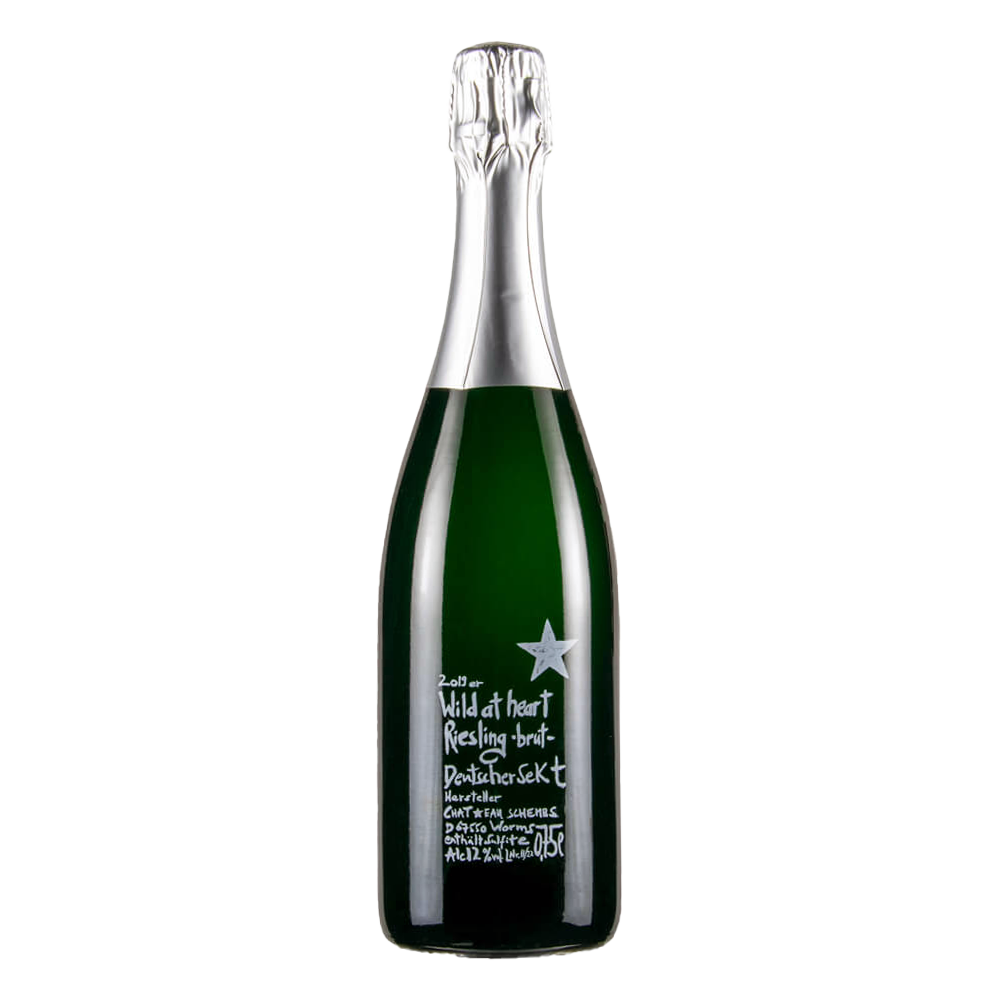 Wild at Heart Riesling Sekt Brut 2019 flaske med mousserende hvidvin og håndskrift etiket