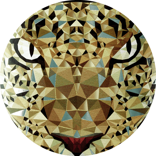 Nærbillede af Diamonds and Pearls Secco mousserende hvidvin etikette med guld- og sølvfolie samt diamant-mosaik af kat"