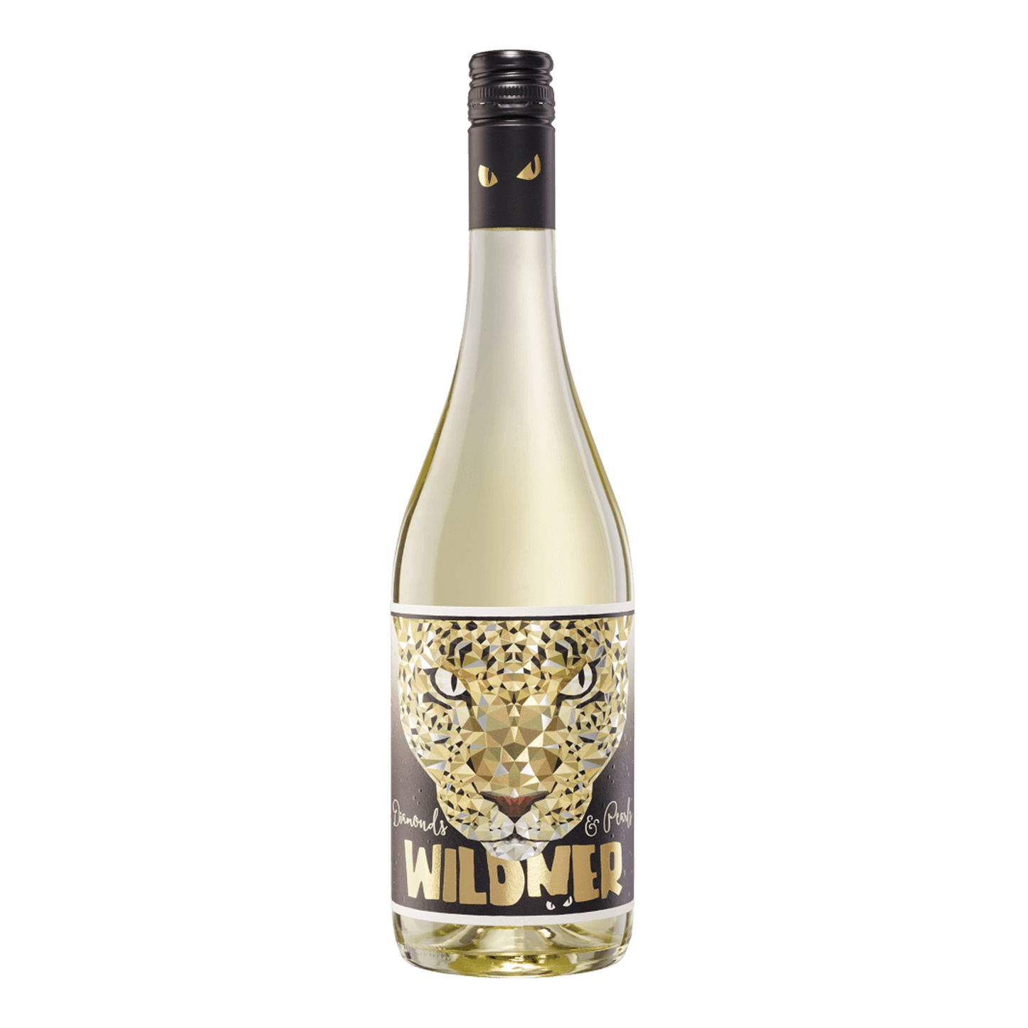 Diamonds and Pearls Secco flaske med mousserende hvidvin - etikette med guld- og sølvfolie samt diamant-mosaik af kat