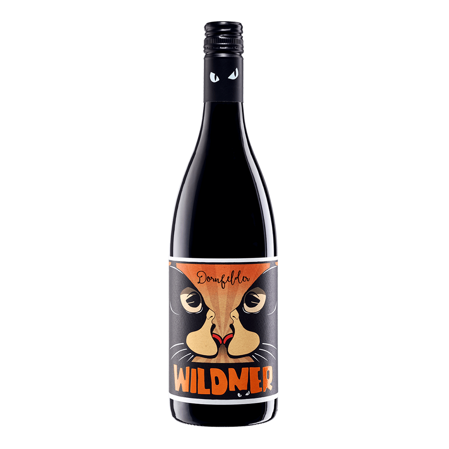Red Cat flaske med rødvin og kunstnerisk etiket med kattekvinde design