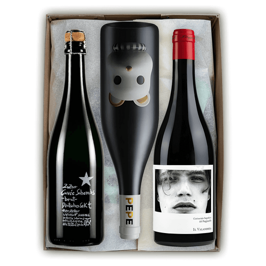 Eksklusiv vingaveæske – to rødvine og en mousserende vin (3 flasker vin)