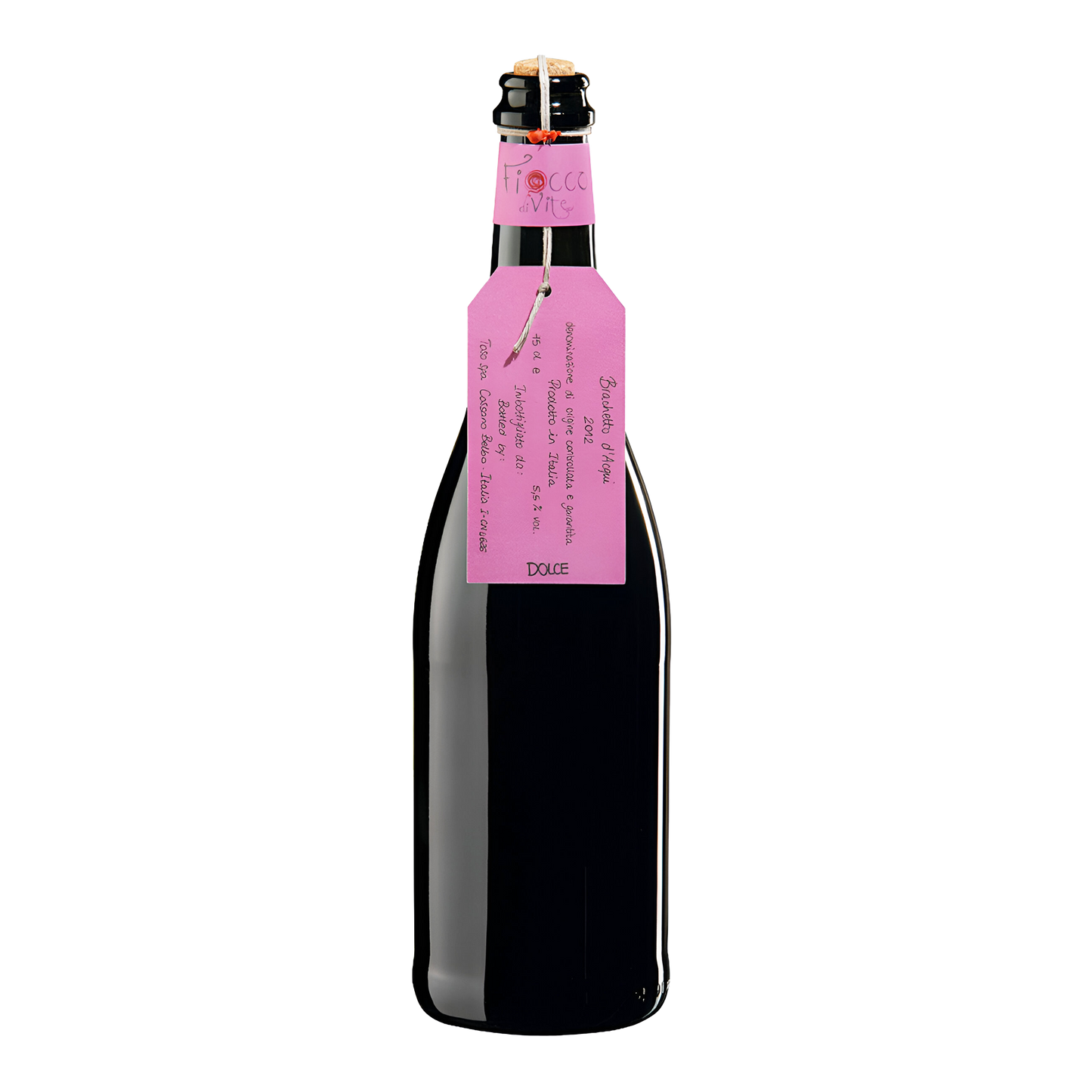 Brachetto d’Acqui DOCG flaske med mousserende rødvin og håndlavet pink etiket