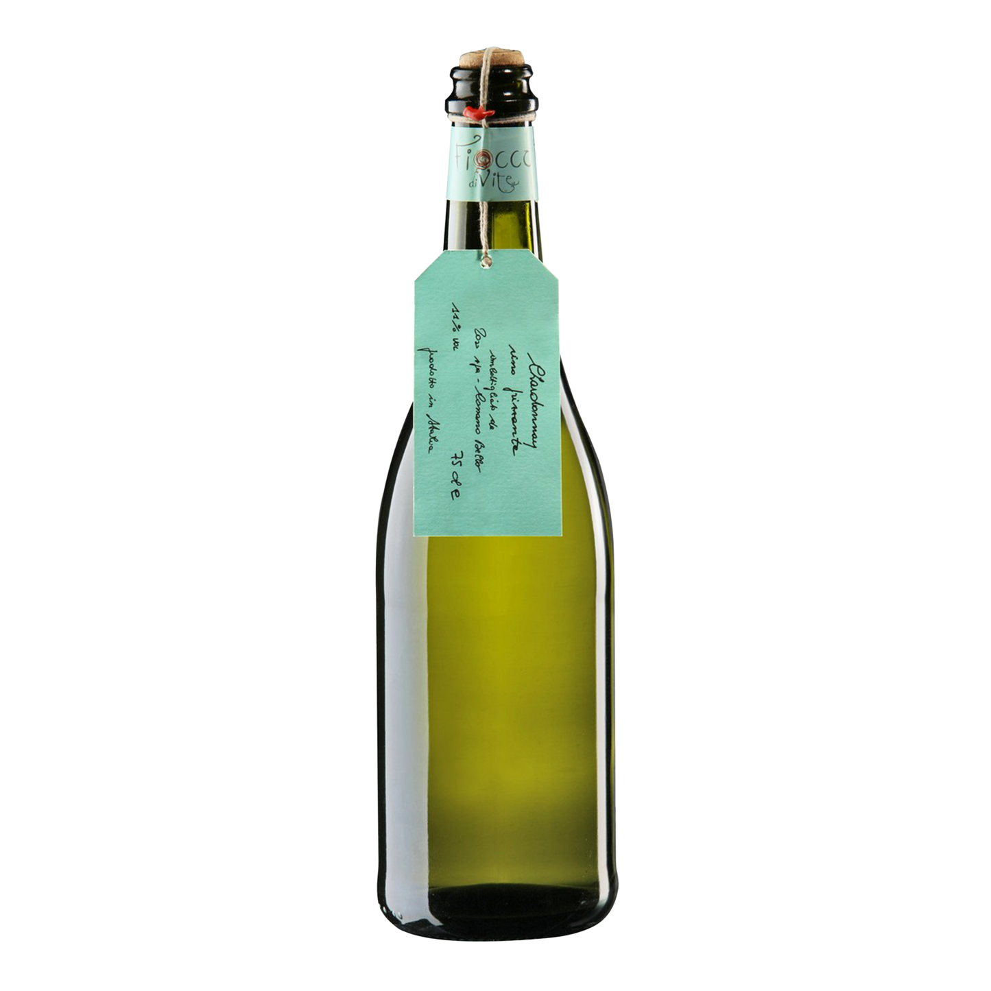 Chardonnay Frizzante Fiocco di Vite flaske med mousserende hvidvin og etikette hængende i en snor med rødt italiensk voks