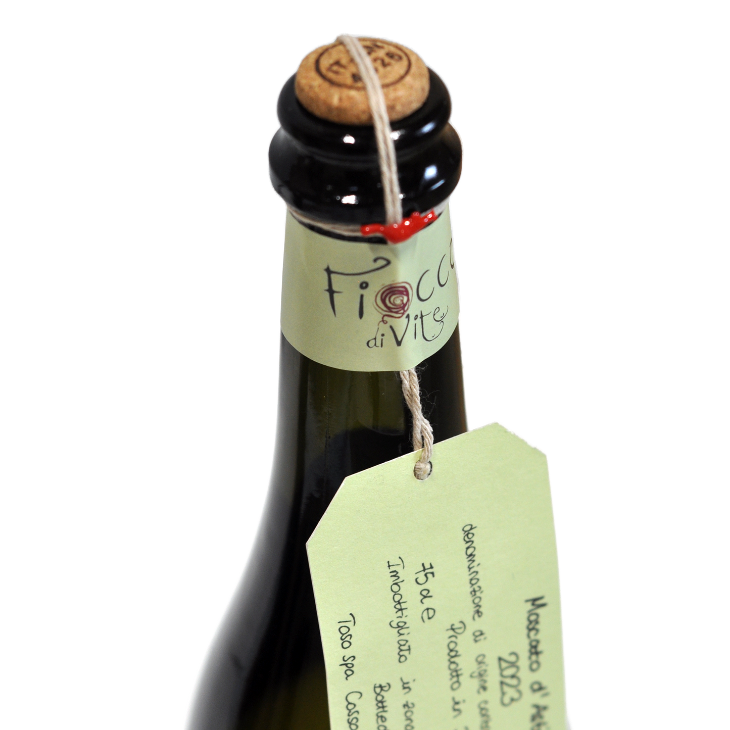 Nærbillede af Moscato d'Asti DOCG mousserende hvidvin etikette med snor og rød italiensk voks