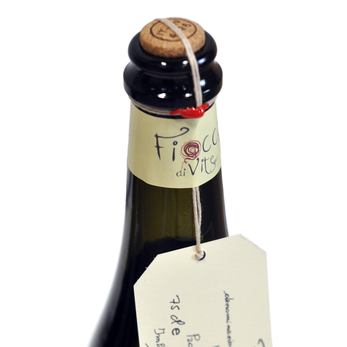 Nærbillede af Prosecco DOC Frizzante mousserende hvidvin etikette med snor og rød italiensk voks