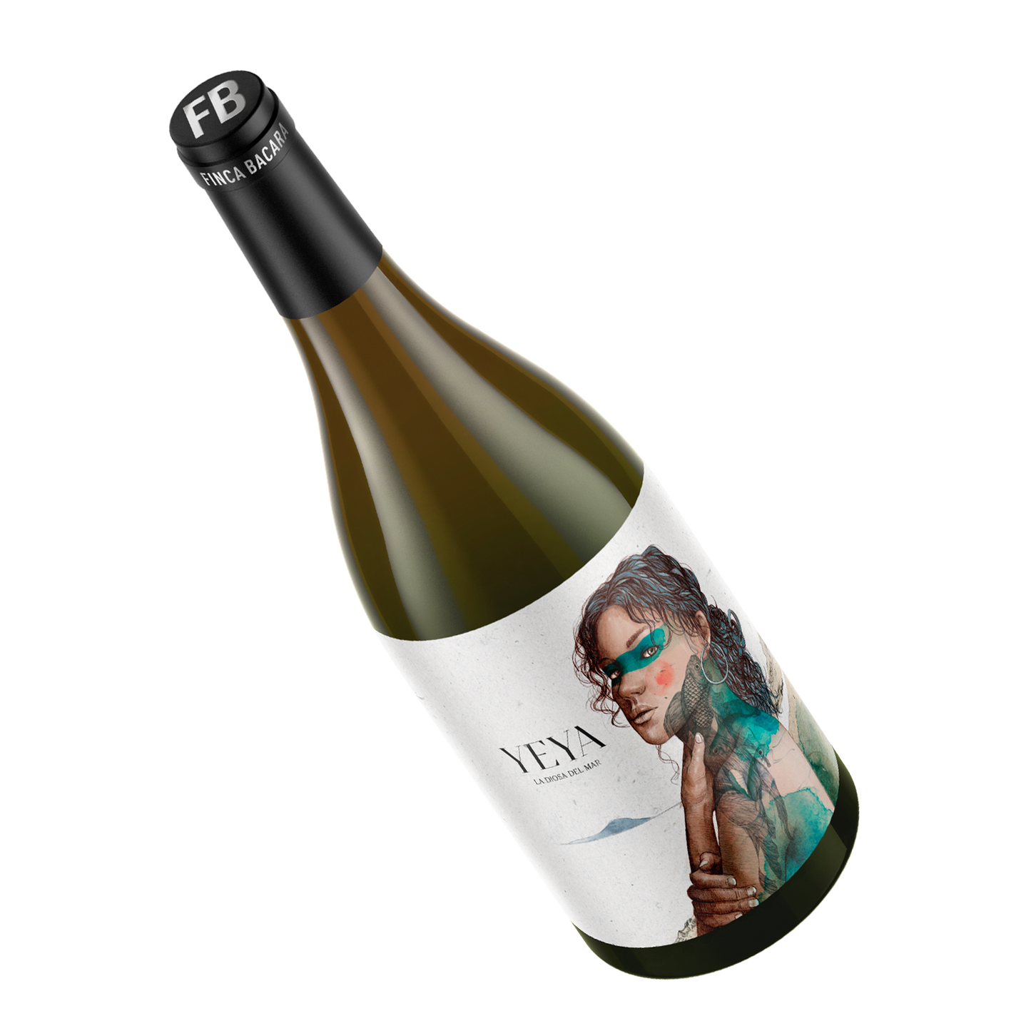 Økologisk hvidvin fra Spanien – YEYA fra Finca Bacara. Liggende vinflaske med kunstnerisk etiket, der viser en illustreret kvinde med turkis øjenmaske og havmotiver.