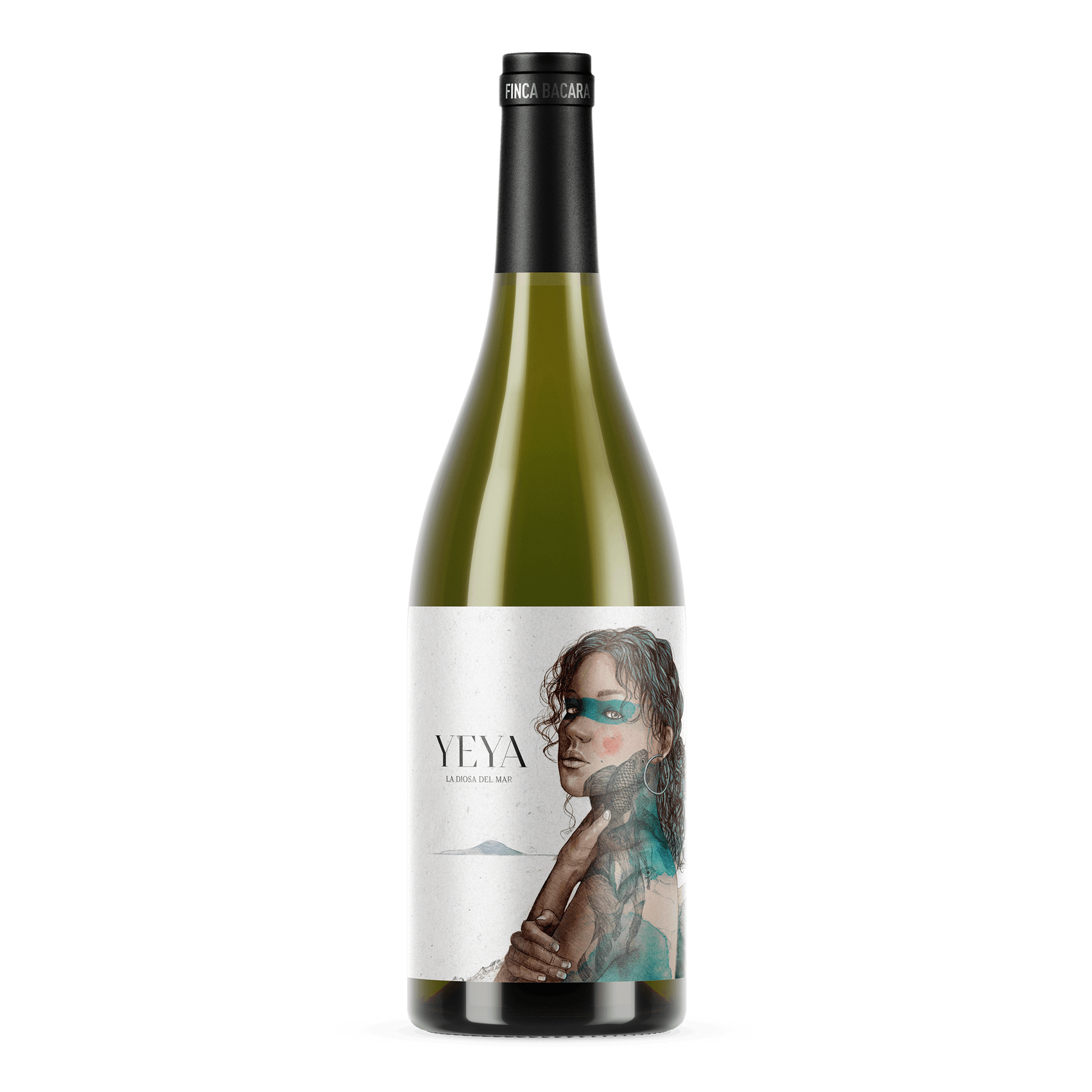 YEYA – økologisk og vegansk hvidvin fra Jumilla. Frontalt billede af vinflaske med visuel etiket inspireret af havgudinden, grafisk portræt i turkise og naturlige nuancer.
