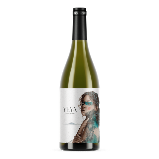 YEYA – økologisk og vegansk hvidvin fra Jumilla. Frontalt billede af vinflaske med visuel etiket inspireret af havgudinden, grafisk portræt i turkise og naturlige nuancer.