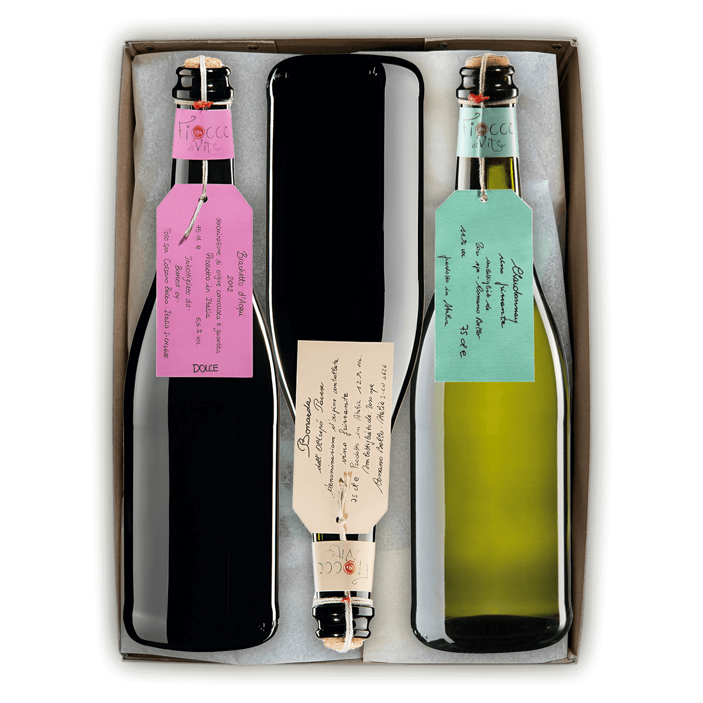 Mousserende vingaveæske – tre unikke Fiocco di Vite vine (3 flasker vin)